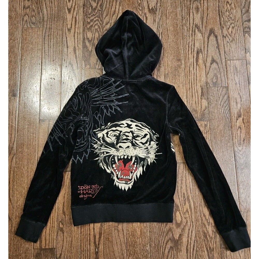 Rare Vtg Ed Hardy Velour Black Christian Audigier Tiger Zip Up Hoodie Sz XS Y2K - Picture 2 of 14
